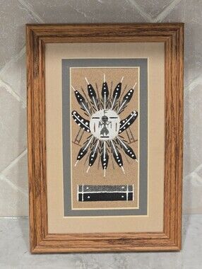 Vintage 1st Nations Navajo Wood Framed Sand Art Painting Signed Sun Shield